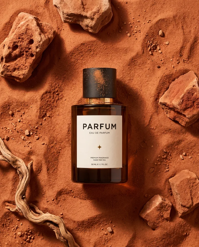 Parfüm-Produktbild in roter Erde, erstellt mit einer Promoshots-Szene