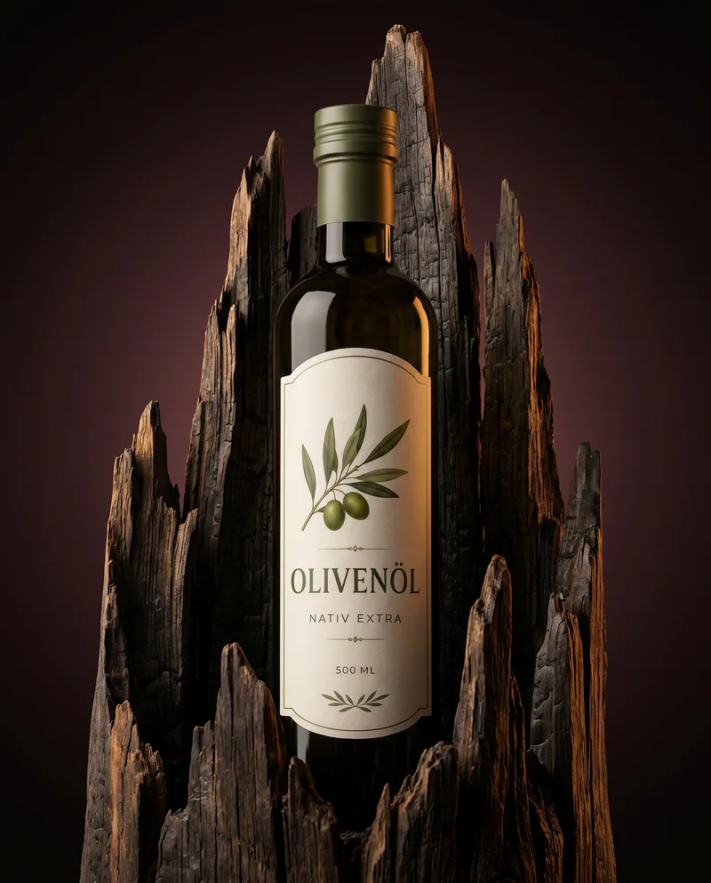 Olivenöl-Produktbild in dunkler Holzszene, erstellt mit einer Promoshots-Szene