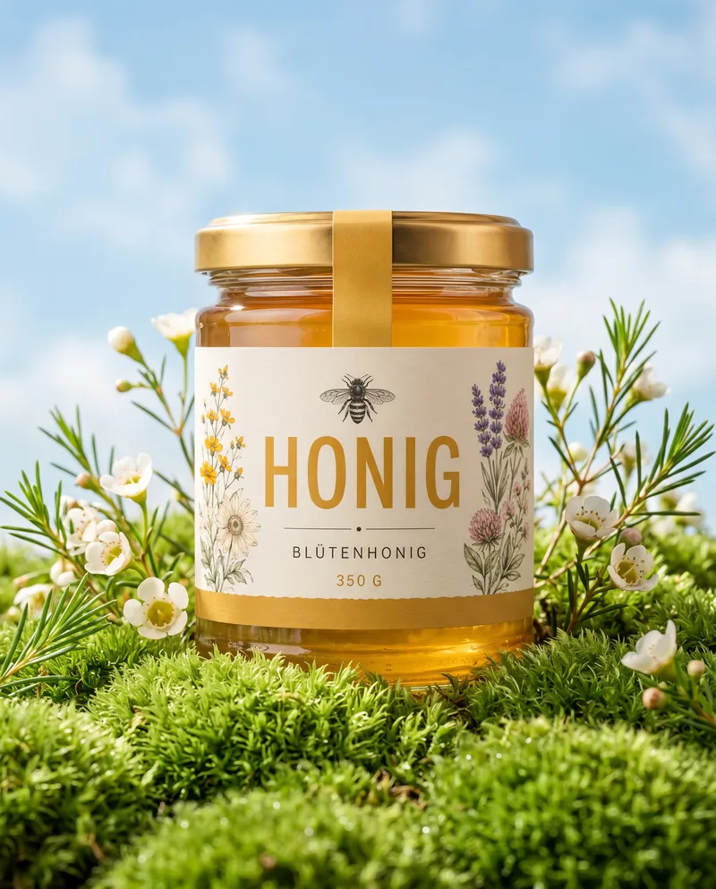 Honig-Produktbild in botanischer Szene, erstellt mit einer Promoshots-Szene